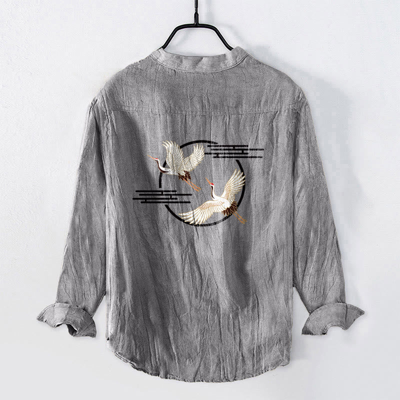 Tactile Cotton Linen Crane Print Stand Collar Shirt