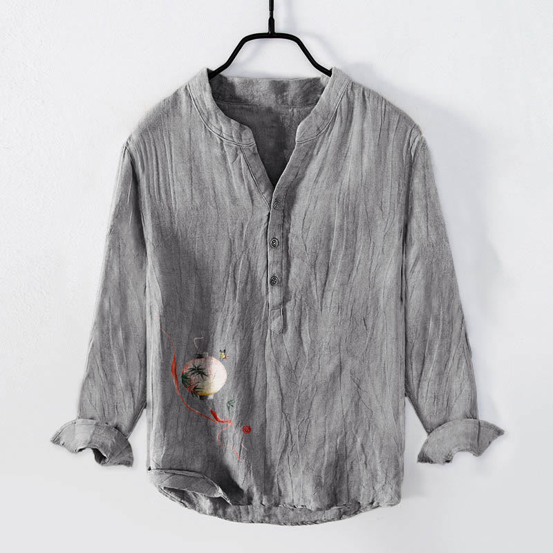 Cotton Linen Stand Collar Mindful Print Men's Shirt