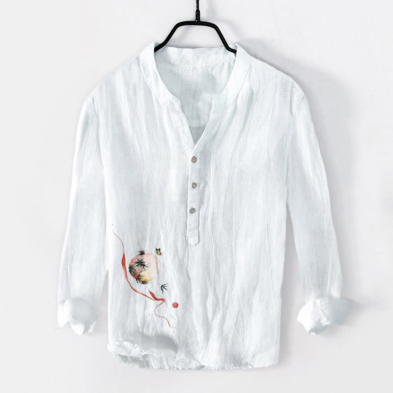 Cotton Linen Stand Collar Mindful Print Men's Shirt