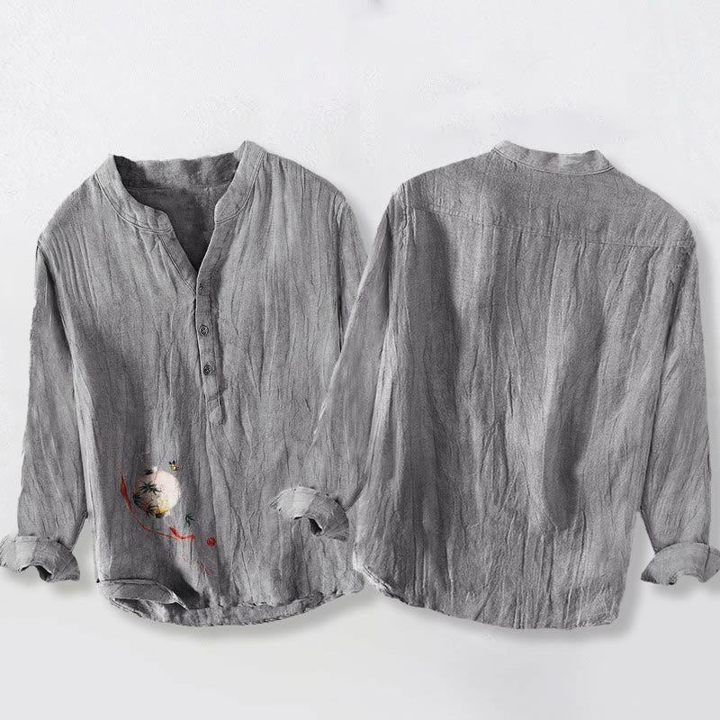Cotton Linen Stand Collar Mindful Print Men's Shirt