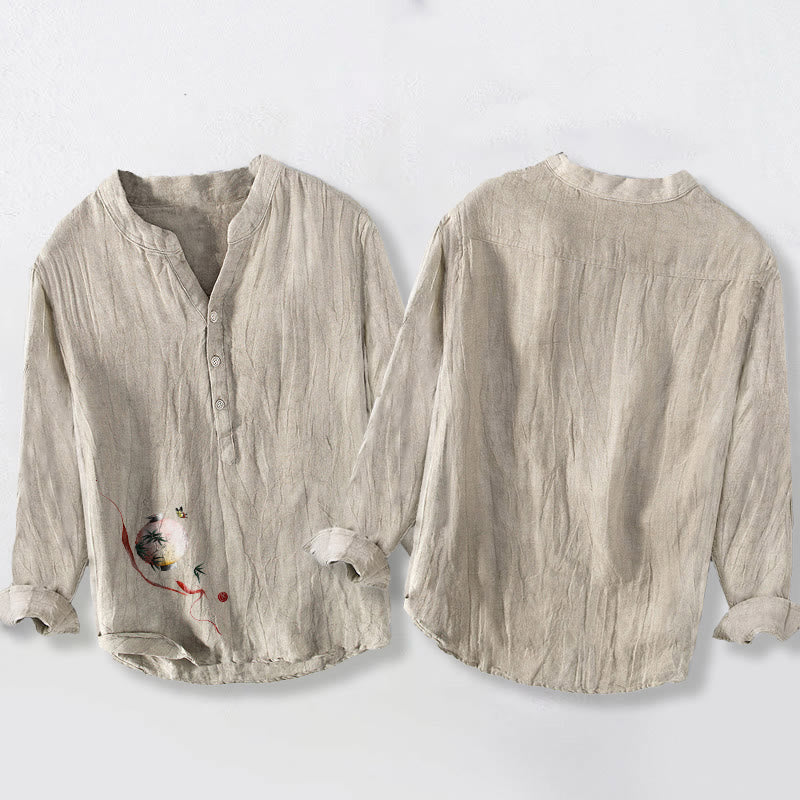 Cotton Linen Stand Collar Mindful Print Men's Shirt