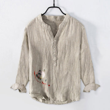 Cotton Linen Stand Collar Mindful Print Men's Shirt