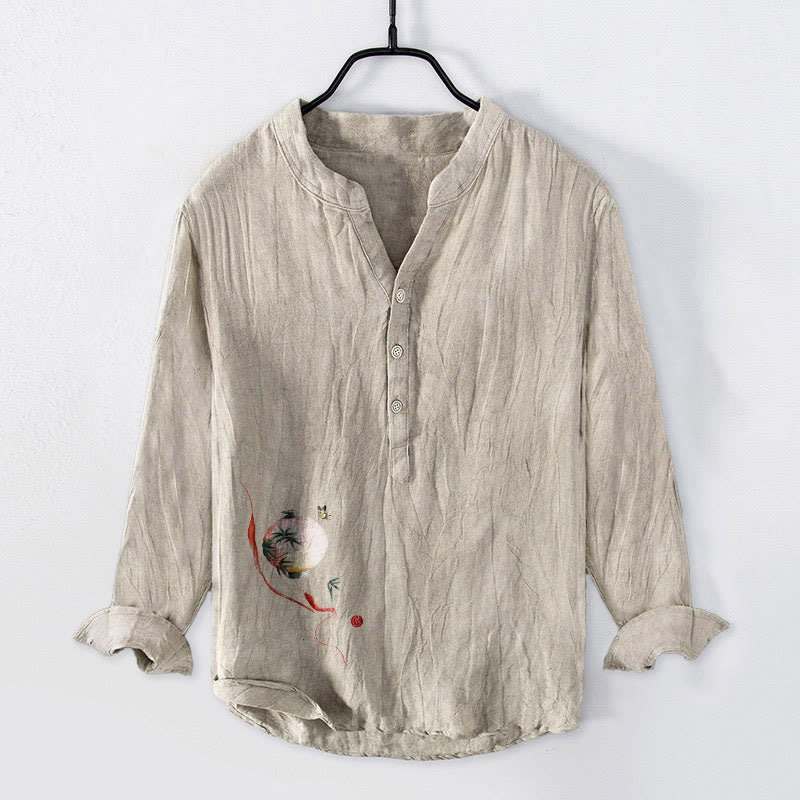 Cotton Linen Stand Collar Mindful Print Men's Shirt