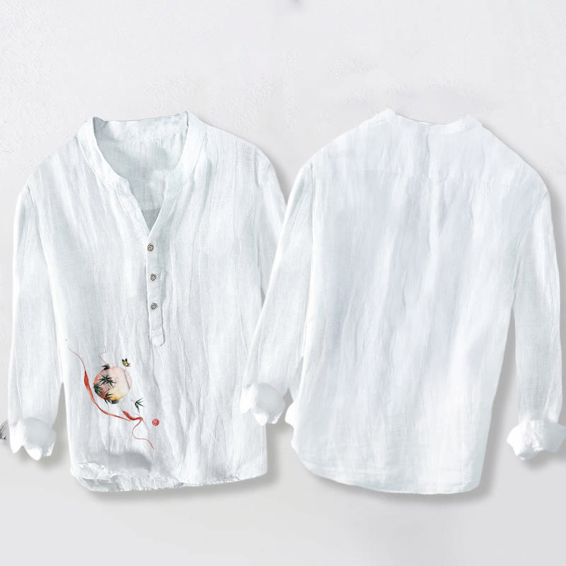 Cotton Linen Stand Collar Mindful Print Men's Shirt
