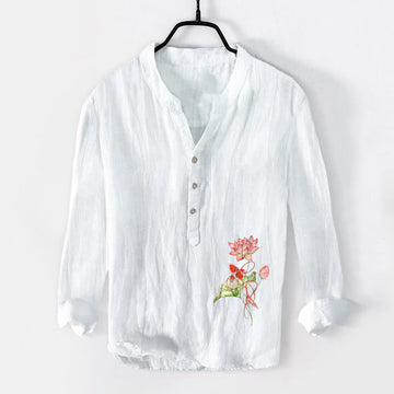 Cotton Linen Stand Collar Koi Lotus Mindful Shirt