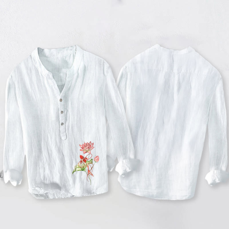 Cotton Linen Stand Collar Koi Lotus Mindful Shirt