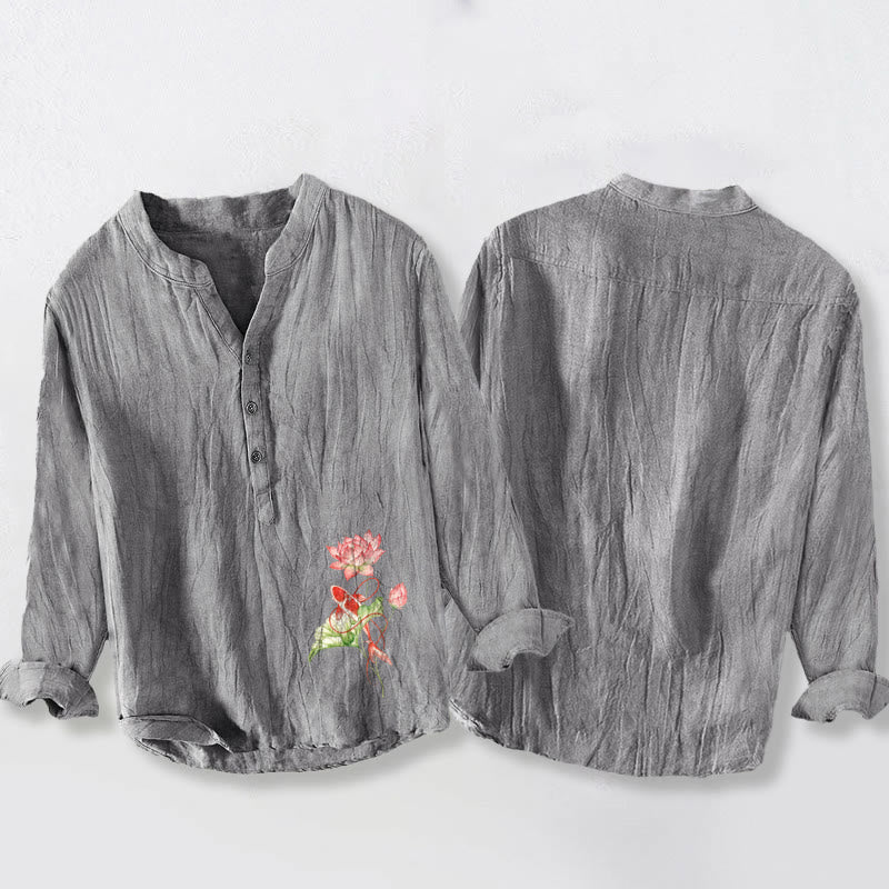 Cotton Linen Stand Collar Koi Lotus Mindful Shirt
