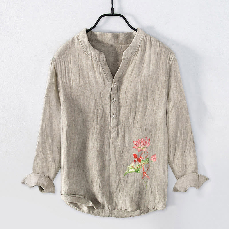 Cotton Linen Stand Collar Koi Lotus Mindful Shirt