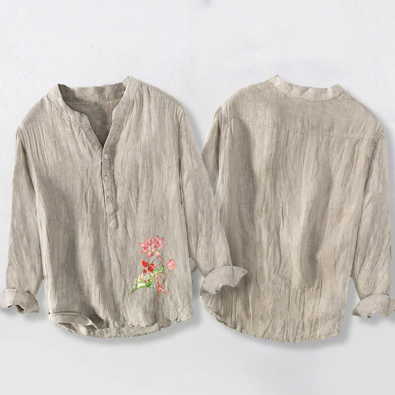 Cotton Linen Stand Collar Koi Lotus Mindful Shirt