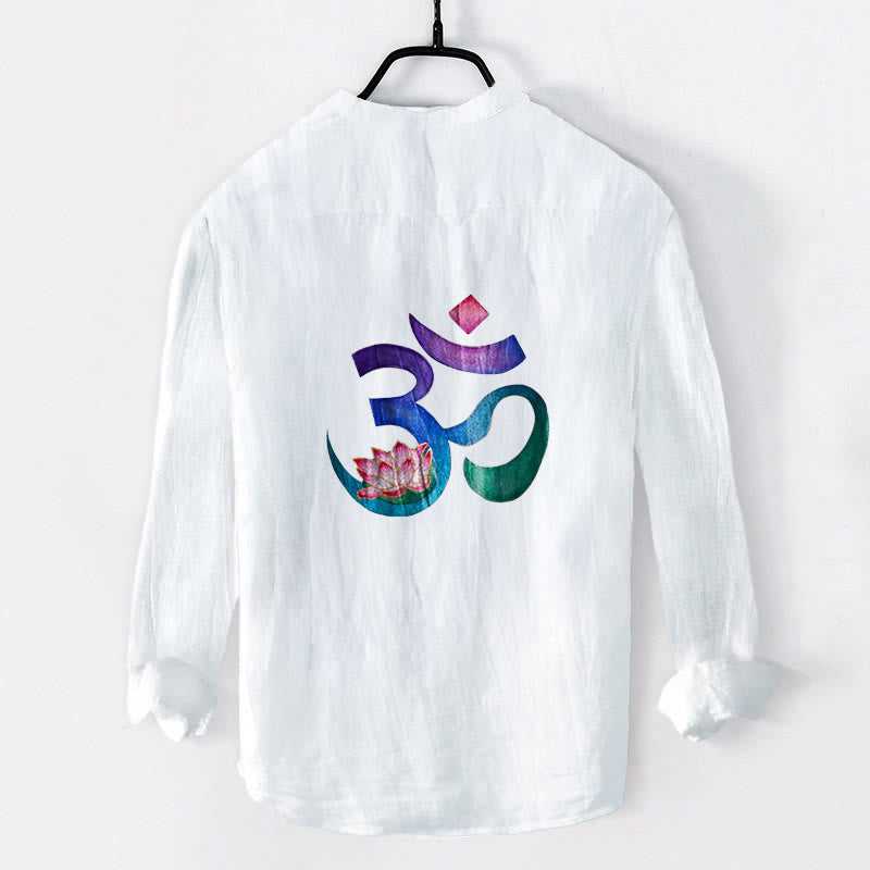 Cotton Linen Stand Collar Om Lotus Meditation Shirt