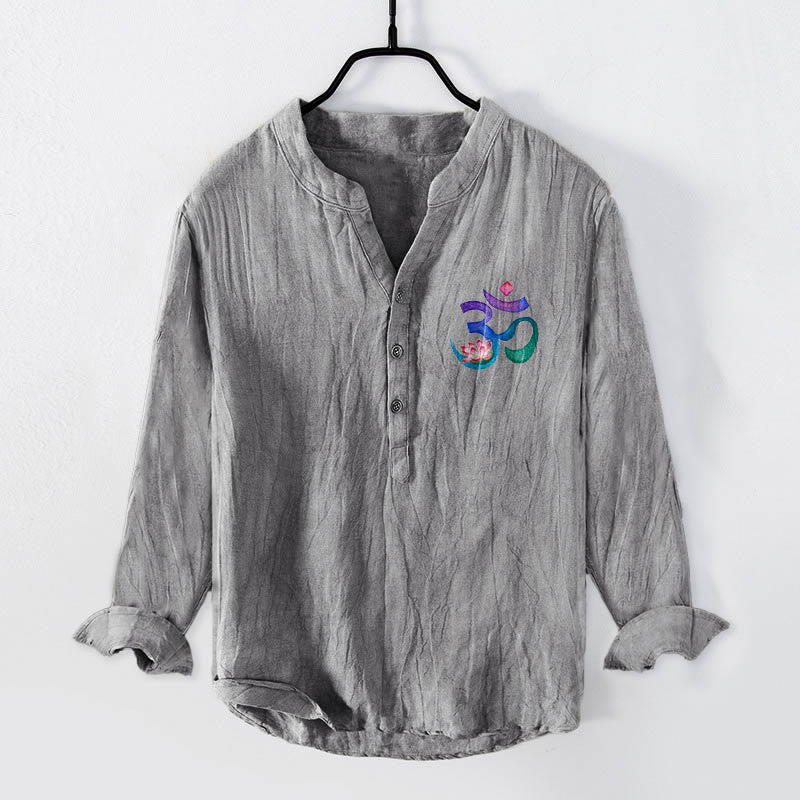 Cotton Linen Stand Collar Om Lotus Meditation Shirt