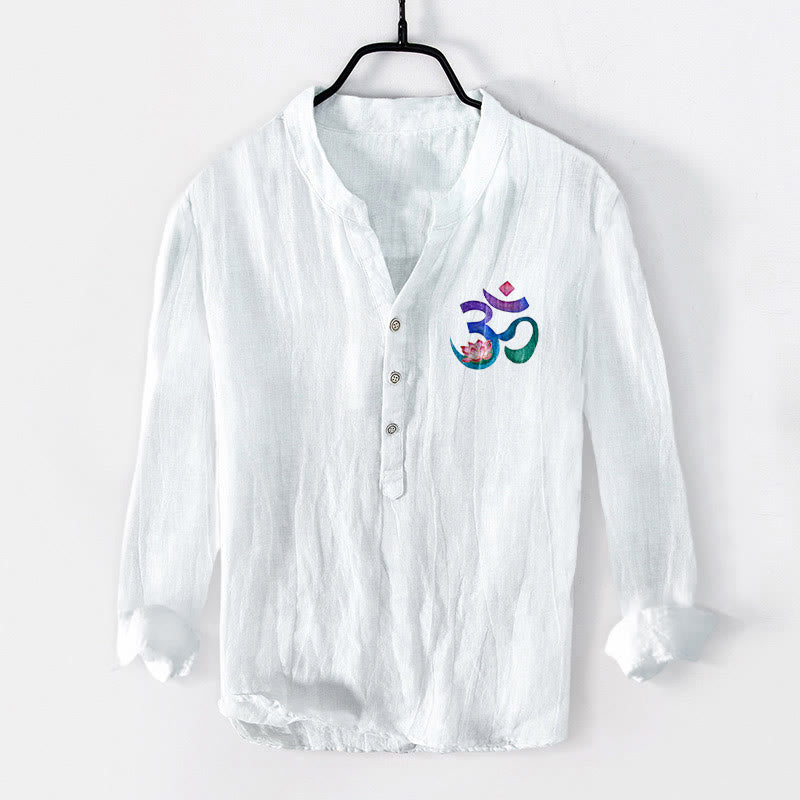 Cotton Linen Stand Collar Om Lotus Meditation Shirt