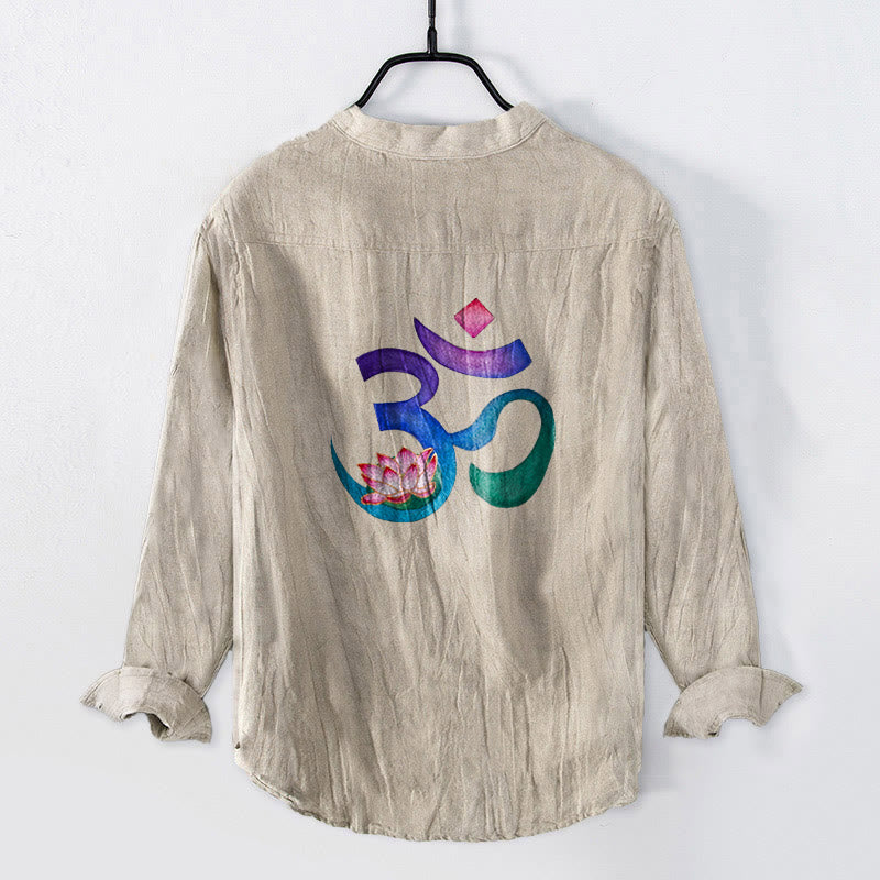 Cotton Linen Stand Collar Om Lotus Meditation Shirt