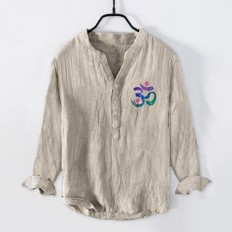Cotton Linen Stand Collar Om Lotus Meditation Shirt