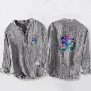 Cotton Linen Stand Collar Om Lotus Meditation Shirt