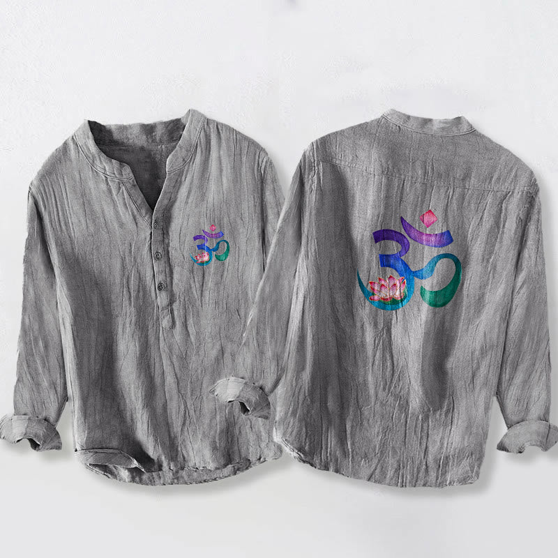 Cotton Linen Stand Collar Om Lotus Meditation Shirt