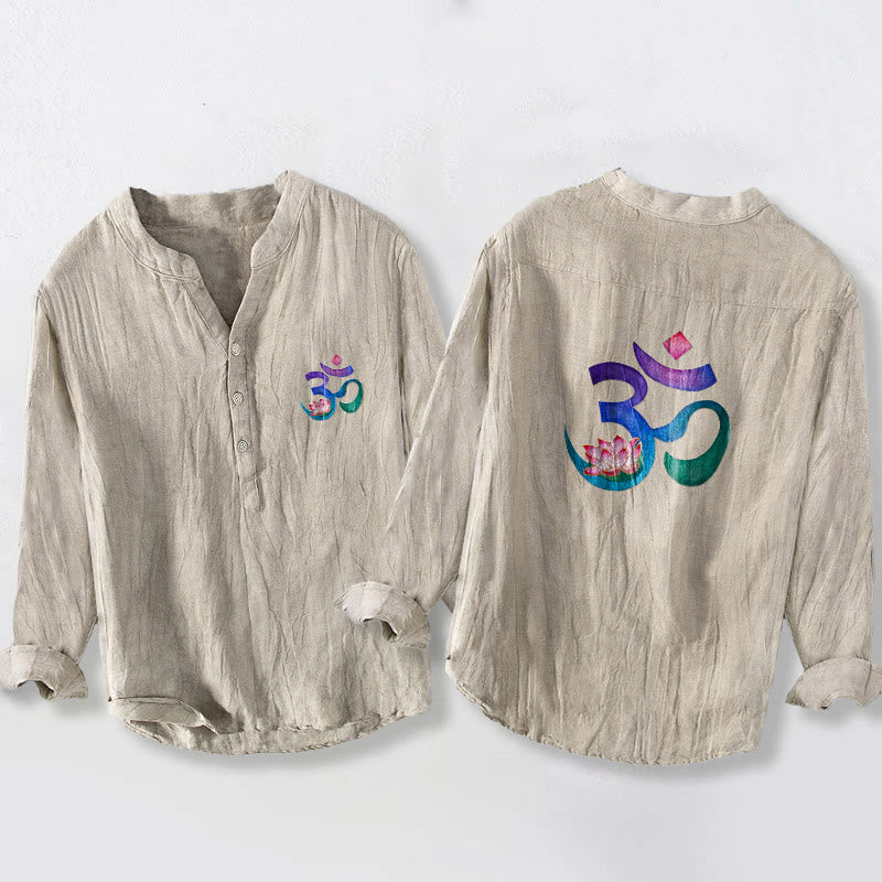 Cotton Linen Stand Collar Om Lotus Meditation Shirt