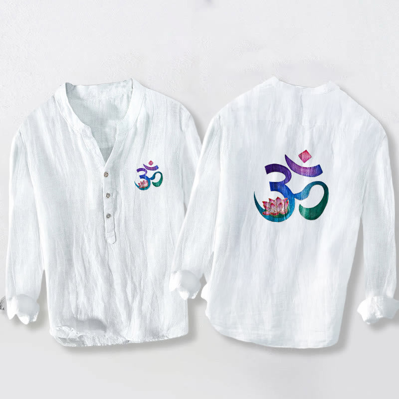 Cotton Linen Stand Collar Om Lotus Meditation Shirt