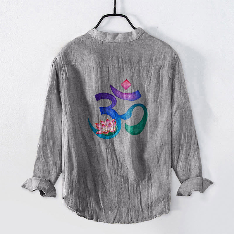 Cotton Linen Stand Collar Om Lotus Meditation Shirt