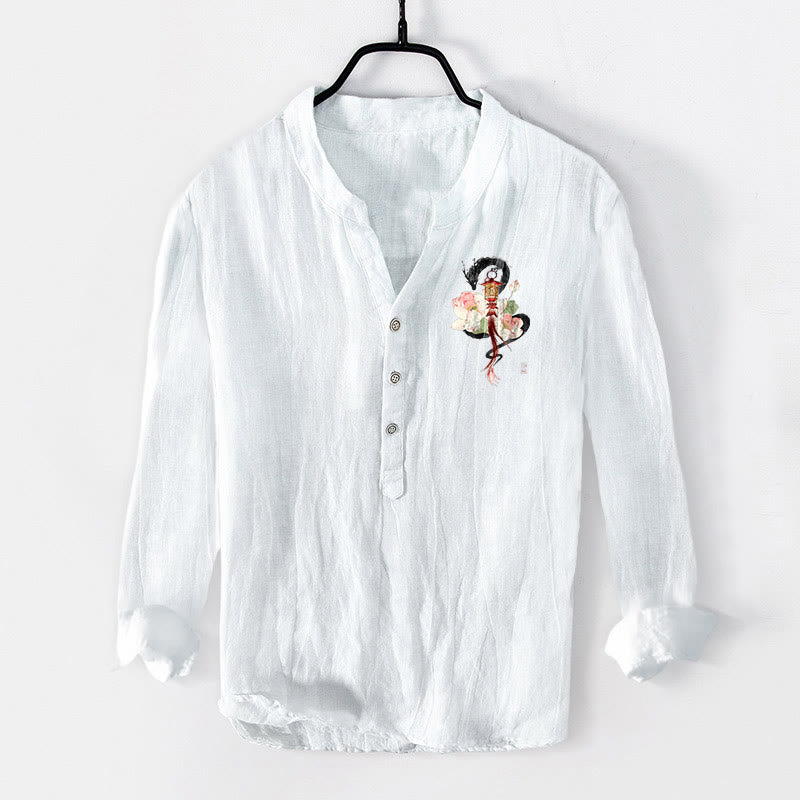 Cotton Linen Stand Collar Dragon Lotus Mindful Shirt
