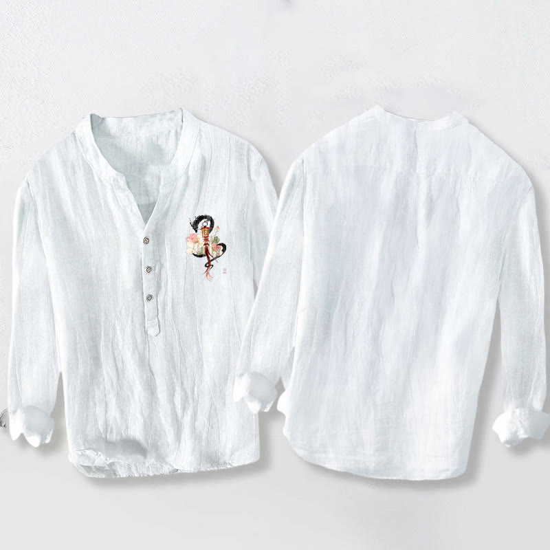 Cotton Linen Stand Collar Dragon Lotus Mindful Shirt