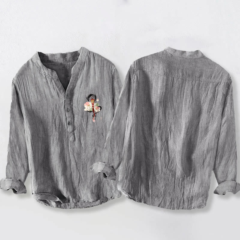 Cotton Linen Stand Collar Dragon Lotus Mindful Shirt