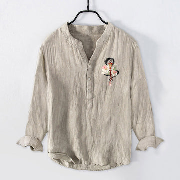 Cotton Linen Stand Collar Dragon Lotus Mindful Shirt