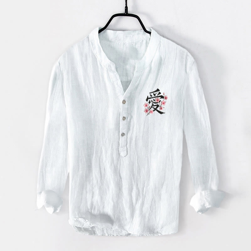 Cotton Linen Stand Collar Meditative Print Men's Shirt