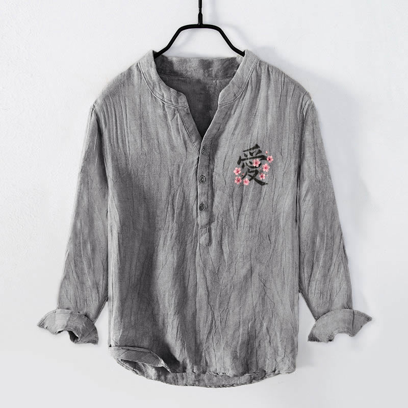Cotton Linen Stand Collar Meditative Print Men's Shirt