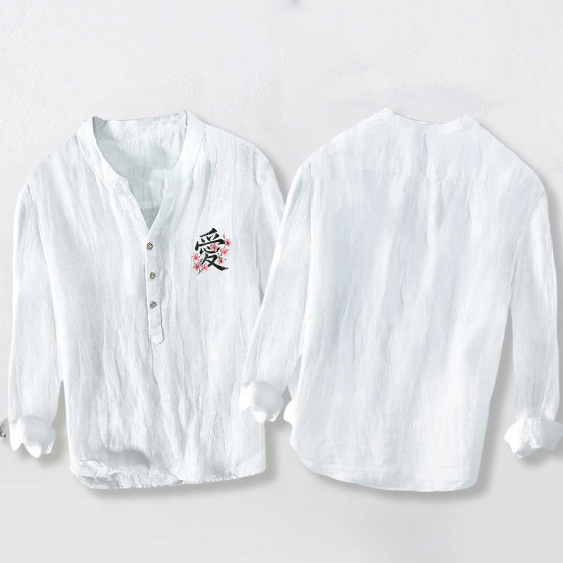 Cotton Linen Stand Collar Meditative Print Men's Shirt