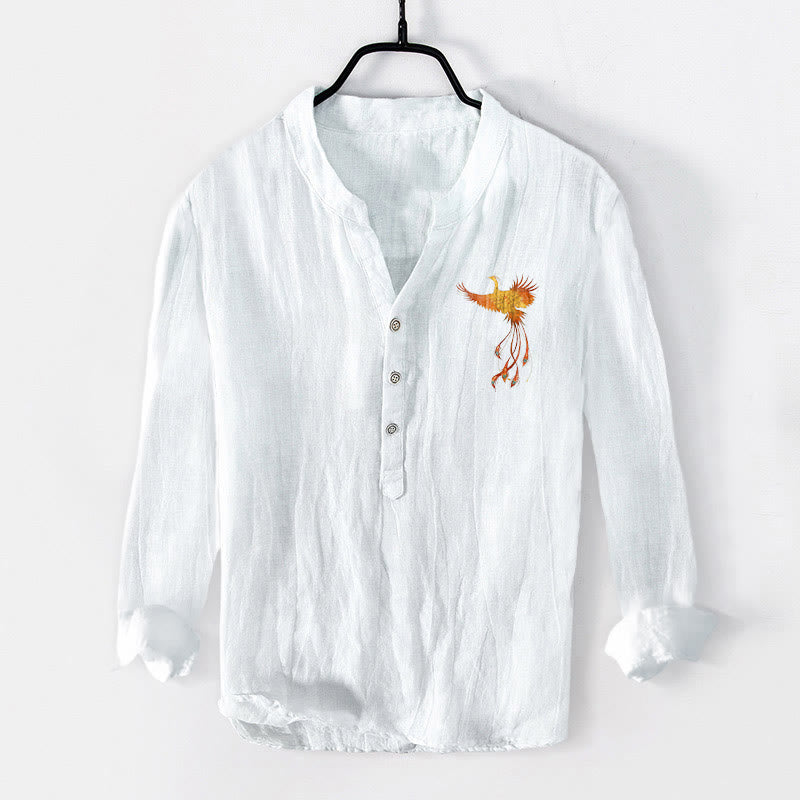 Cotton Linen Stand Collar Phoenix Print Meditation Shirt