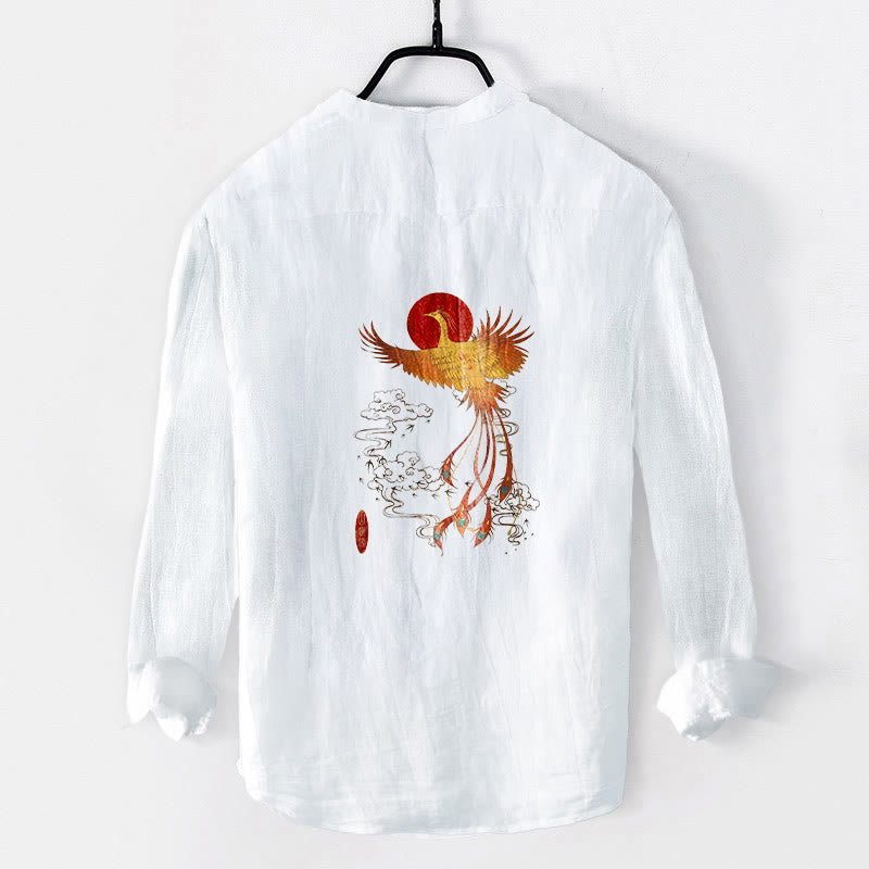 Cotton Linen Stand Collar Phoenix Print Meditation Shirt