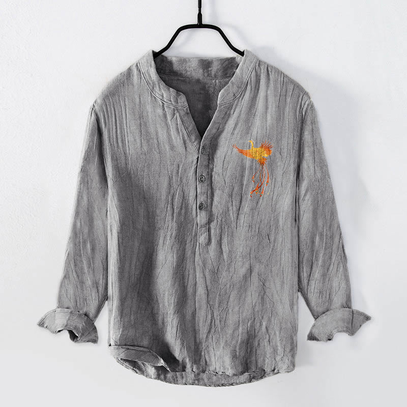 Cotton Linen Stand Collar Phoenix Print Meditation Shirt
