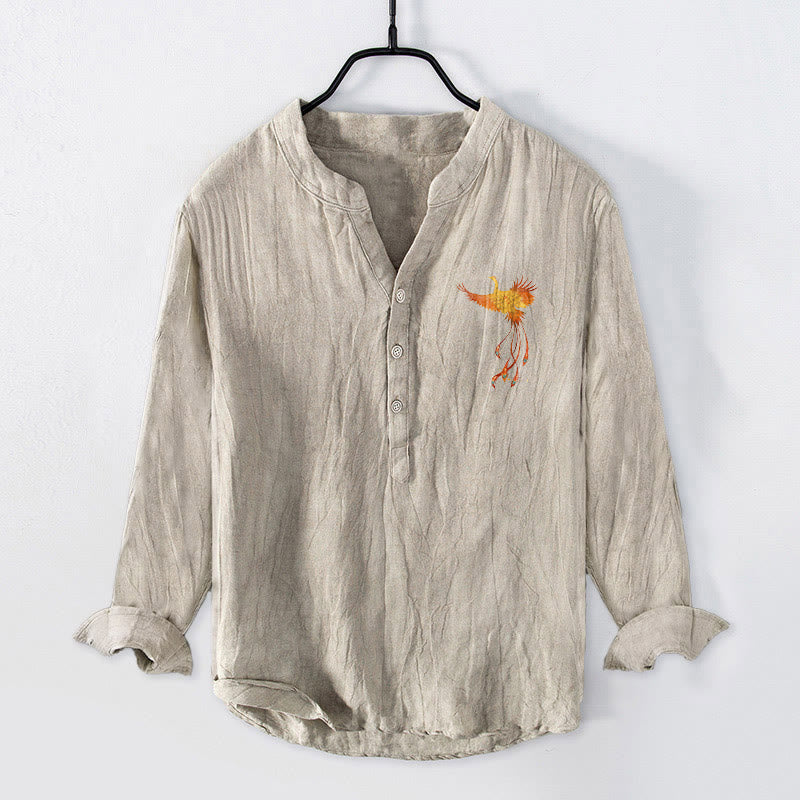 Cotton Linen Stand Collar Phoenix Print Meditation Shirt