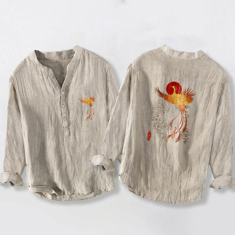Cotton Linen Stand Collar Phoenix Print Meditation Shirt