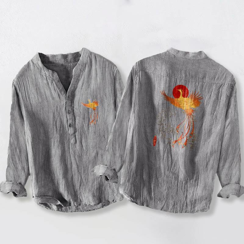 Cotton Linen Stand Collar Phoenix Print Meditation Shirt