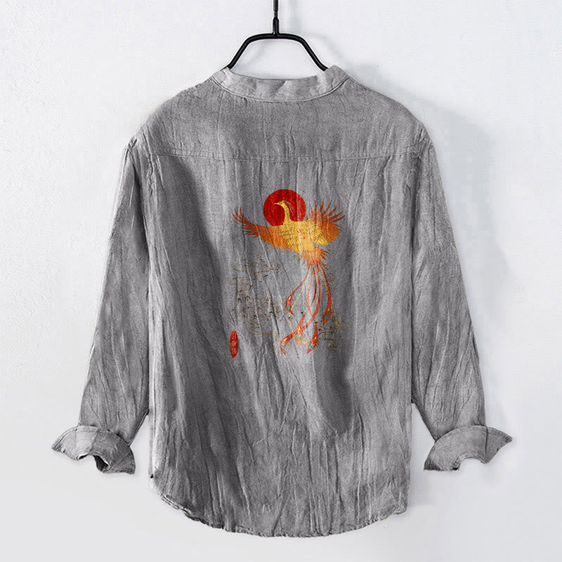 Cotton Linen Stand Collar Phoenix Print Meditation Shirt
