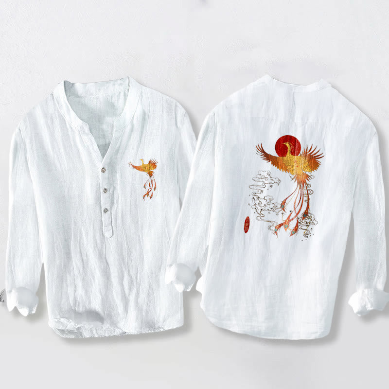 Cotton Linen Stand Collar Phoenix Print Meditation Shirt