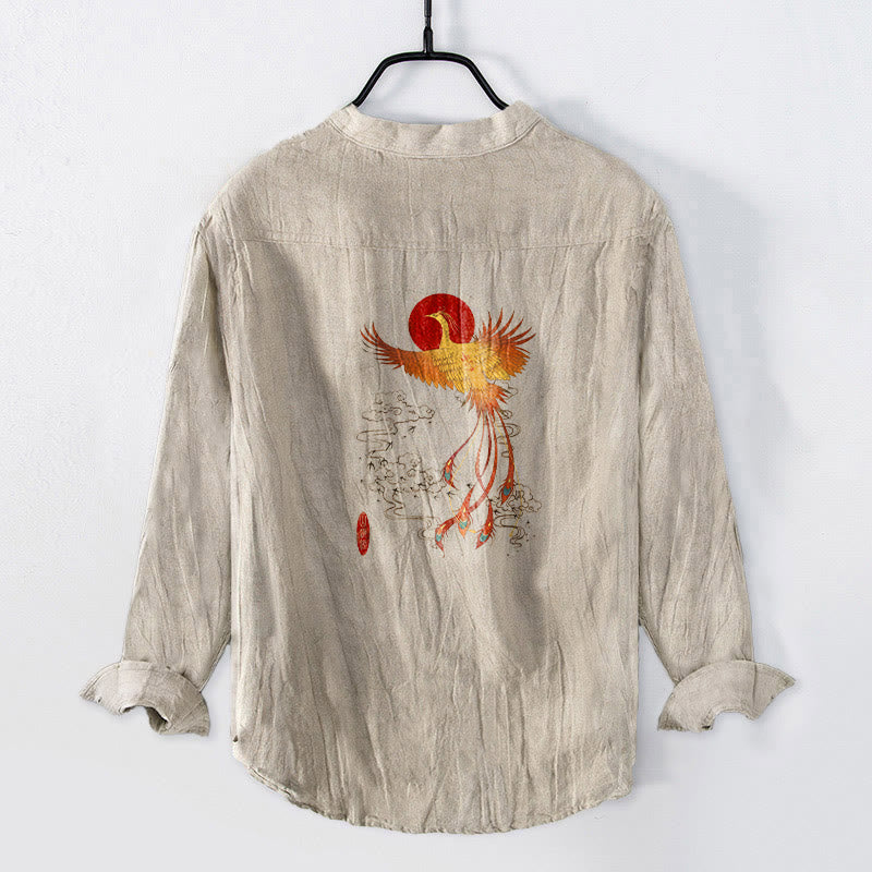 Cotton Linen Stand Collar Phoenix Print Meditation Shirt