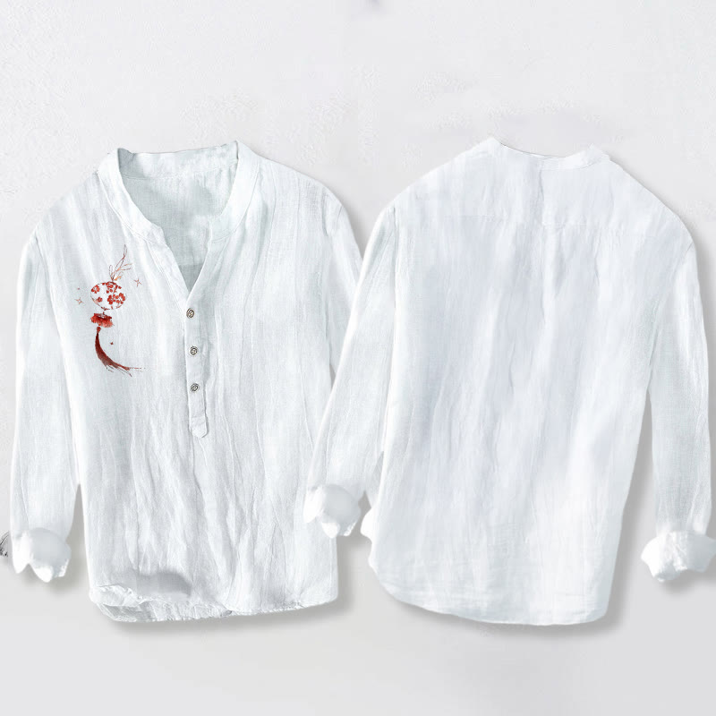 Cotton Linen Stand Collar Mindful Lantern Print Meditation Shirt