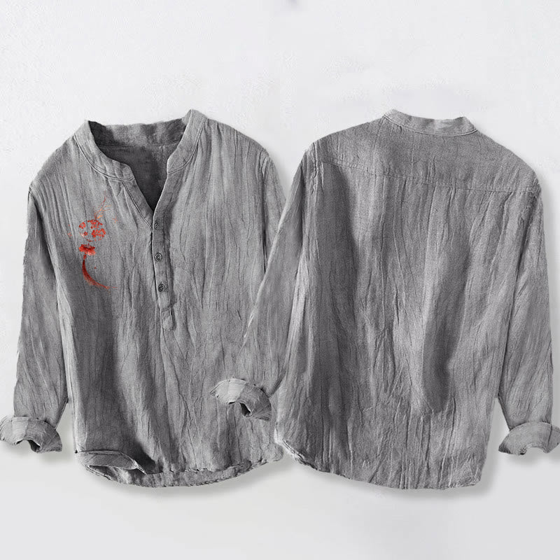 Cotton Linen Stand Collar Mindful Lantern Print Meditation Shirt