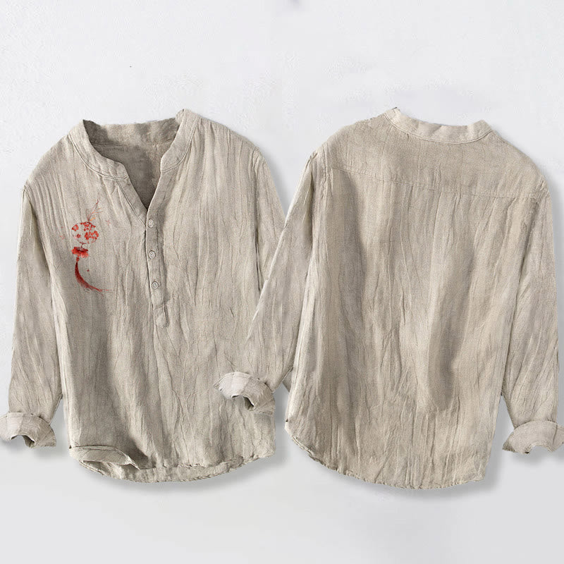 Cotton Linen Stand Collar Mindful Lantern Print Meditation Shirt