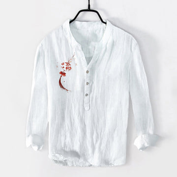 Cotton Linen Stand Collar Mindful Lantern Print Meditation Shirt