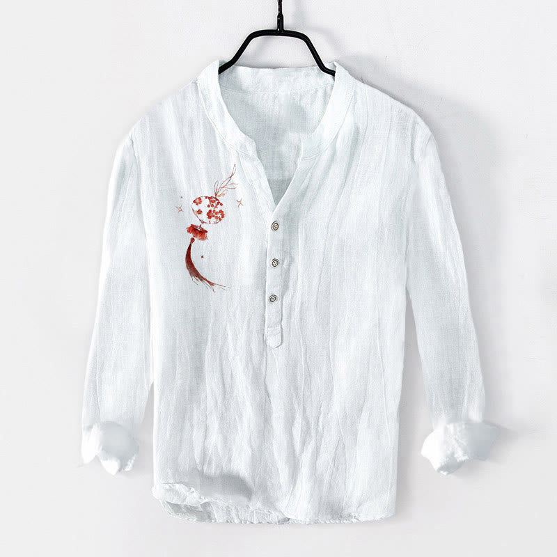 Cotton Linen Stand Collar Mindful Lantern Print Meditation Shirt