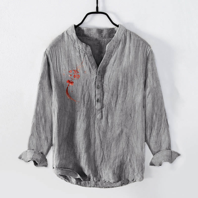 Cotton Linen Stand Collar Mindful Lantern Print Meditation Shirt