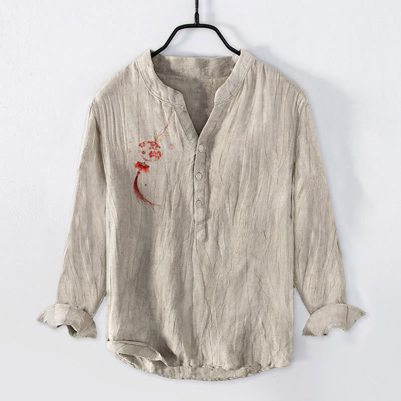 Cotton Linen Stand Collar Mindful Lantern Print Meditation Shirt