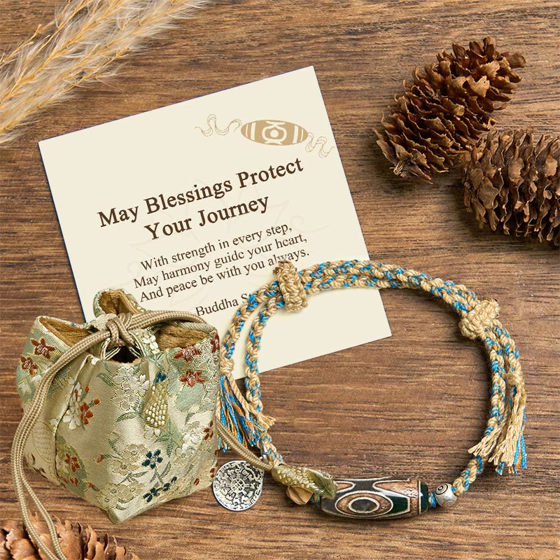 "May Blessings Protect Your Journey" Dzi Bead Bracelet Includes Gift Message Card