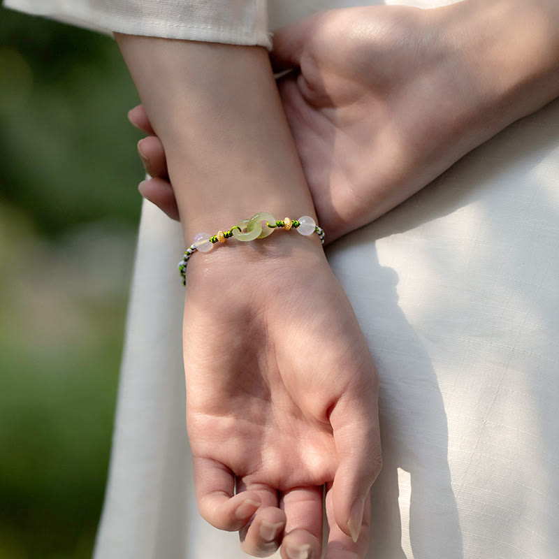 Green & White Braided Rope Ping An Kou Jade Bracelet for Inner Balance