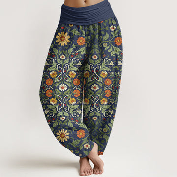 Pure Cotton Colorful Flowers Vines Women's Elastic Waist Harem Pants