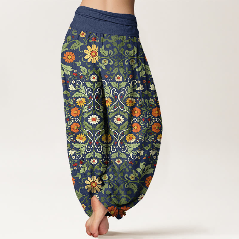 Pure Cotton Colorful Flowers Vines Women's Elastic Waist Harem Pants